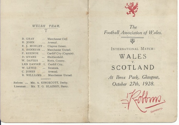Scotland v Wales programme, 1928