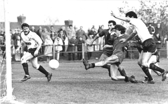 Ian Love opens the scoring against Merthyr in the FA Cup, 1984